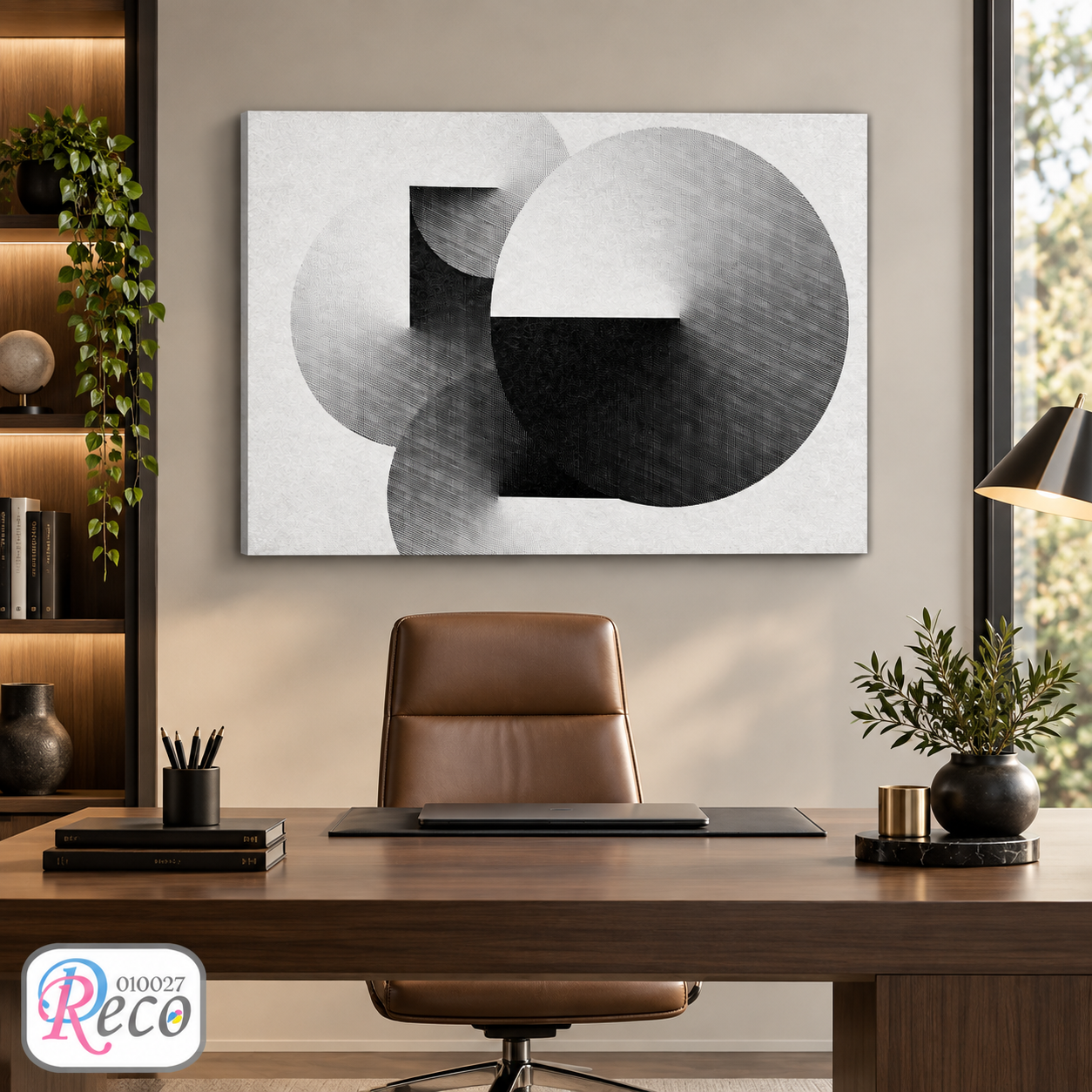 Monochrome abstract artwork in a warm modern interior